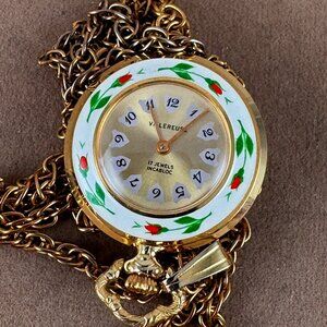 Villeruse 1960s Swiss Hand Wind Necklace Watch with Hand Painted Enameled Roses